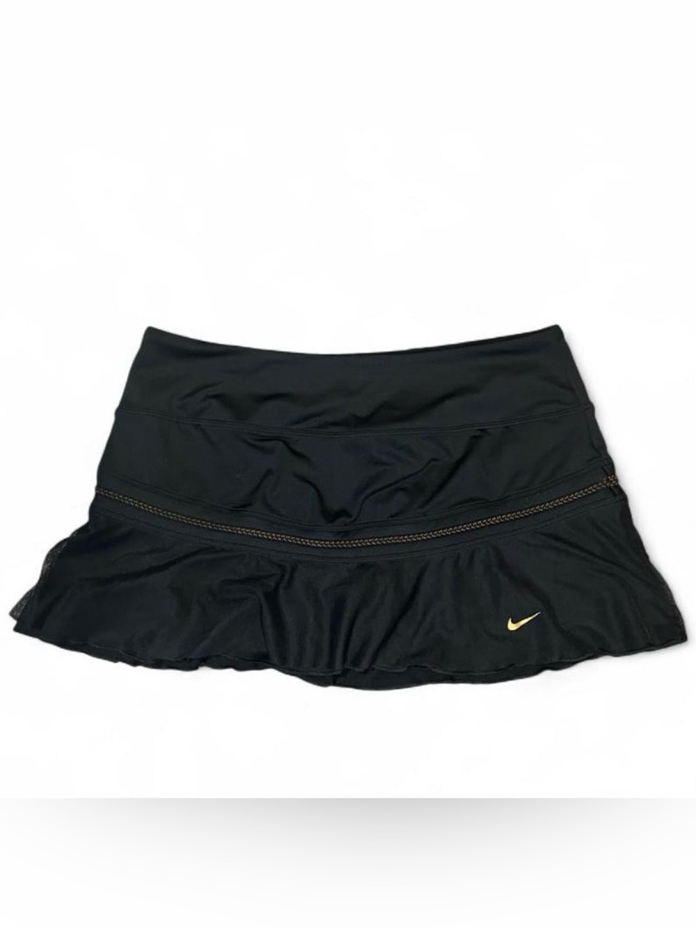 Nike Black Mini Skirt Skort with Gold Swoosh & Embroidery M EUC